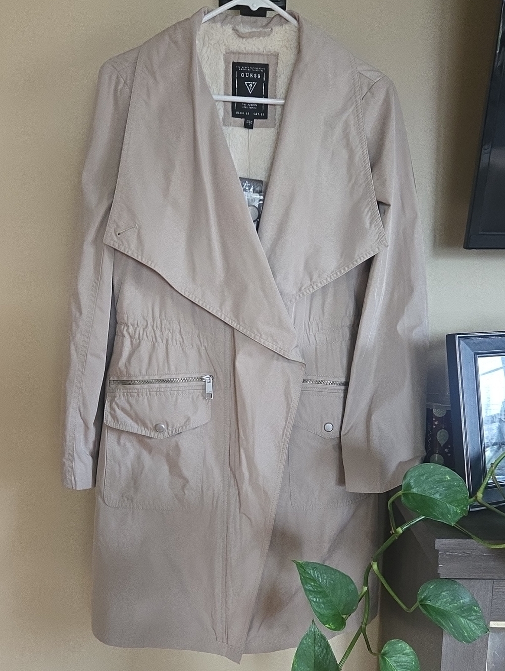 GUESS Beige Trench Coat with Faux Shearling Lining